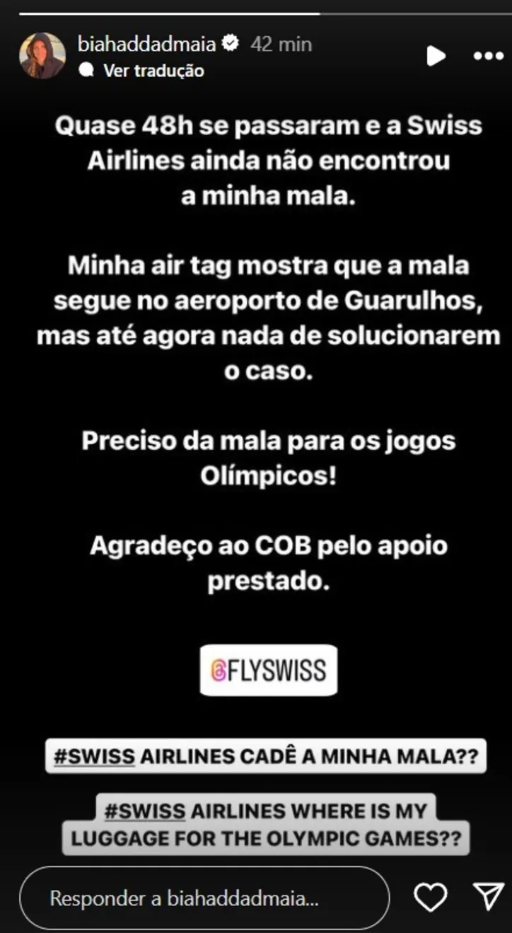 Postagem de Bia Haddad no Instagram