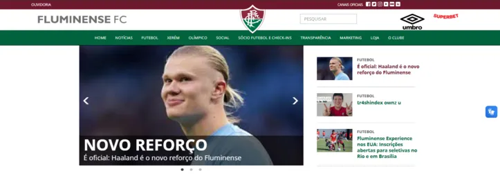 Anúncio de Haaland no site oficial do Fluminense