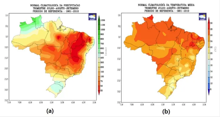 Climatologia para o trimestre julho, agosto e setembro de: (a) precipitação (chuva) e (b) temperatura média do ar