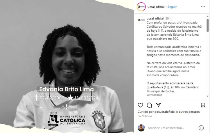 Universidade Católica do Salvador lamentou a morte de Edivânia Brito Lima