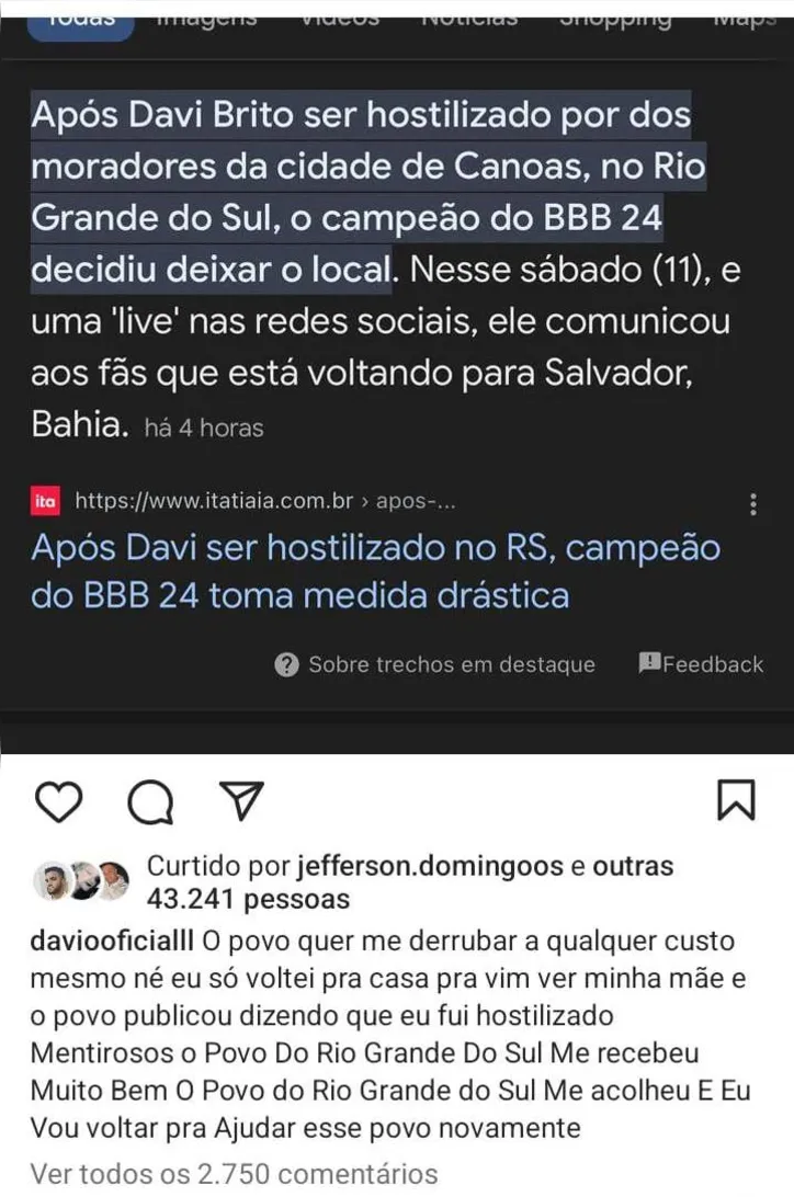 Imagem ilustrativa da imagem Davi desabafa após fake sobre sua saída do RS: "Não baixo a cabeça"