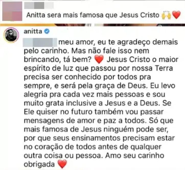 Imagem ilustrativa da imagem Fã diz que Anitta vai superar fama de Jesus Cristo e cantora repreende