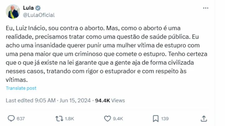 Imagem ilustrativa da imagem Lula chama de ‘insanidade’ projeto que compara aborto a homicídio