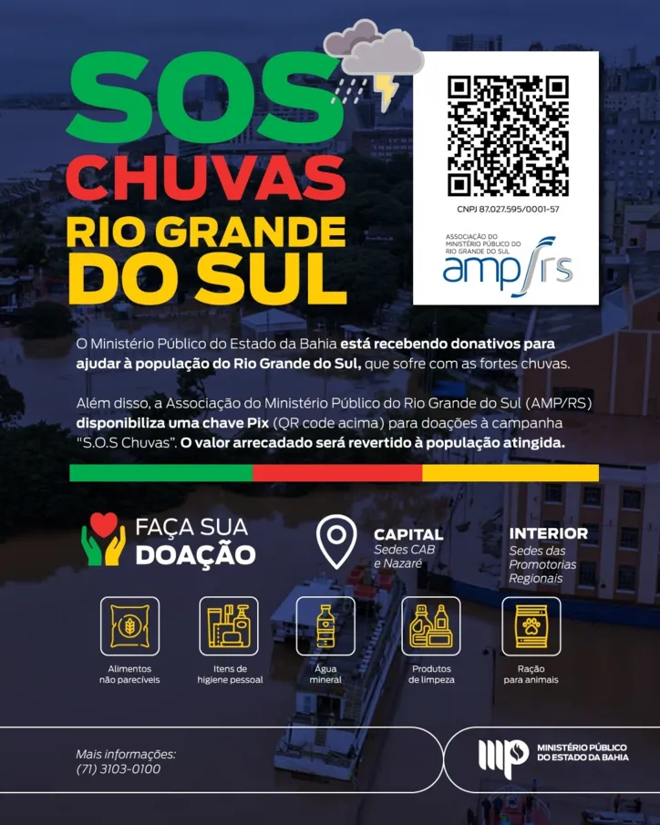 Imagem ilustrativa da imagem MP da Bahia arrecadará donativos para vítimas das enchentes no RS