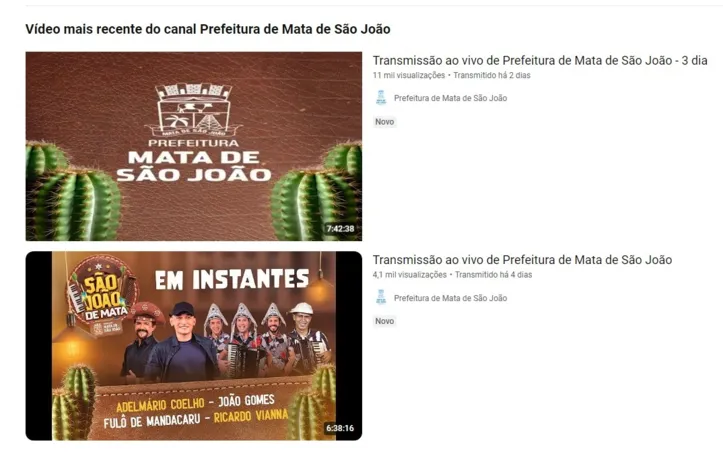 Trasmissão dos festejos de Mata de São João no Youtube: somente o primeiro e o terceiro dia. O segundo sumiu.