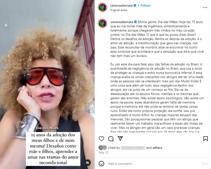 Cantora Vanessa da Matta fez postagem com críticas à 'burocracia infernal' no processo de adoção