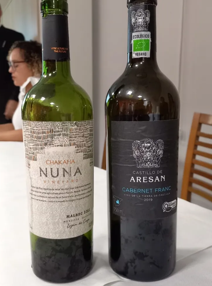 Duas opções apresentadas. O vinho da esquerda, o 'Cgajana Nuna', uma opção da bebida orgâmica. O Castillo de Aresan, na direita, uma opção de vinho biodinâmico