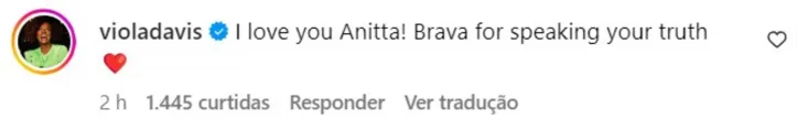 Imagem ilustrativa da imagem Viola Davi rasga elogios a Anitta: "Brava por falar a sua verdade"