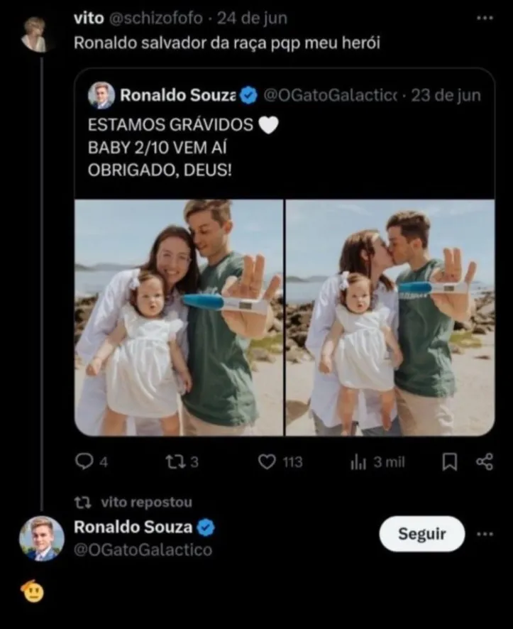 Seguidor considera Gato Galáctico "salvador da raça" e youtuber responde com emoji batendo continência