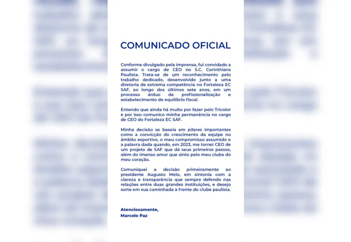 Imagem ilustrativa da imagem CEO do Fortaleza recusa proposta do Corinthians e fica no Tricolor