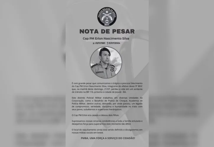 Imagem ilustrativa da imagem Capitão da PM morre após acidente em rodovia na Bahia