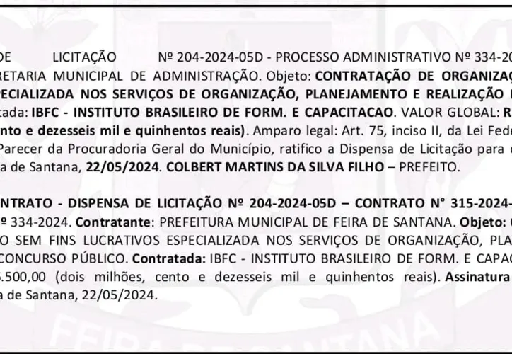 Imagem ilustrativa da imagem Feira de Santana: prefeitura fecha contrato milionário sem licitação