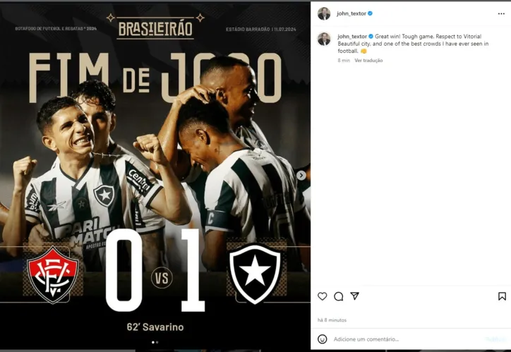 Imagem ilustrativa da imagem Galera colossal! Dono da SAF do Botafogo exalta torcida do Vitória