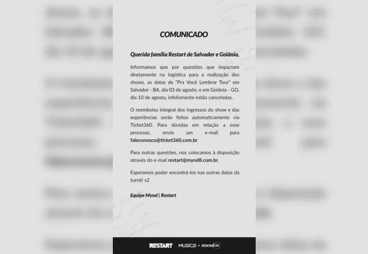 Imagem ilustrativa da imagem Restart cancela show em Salvador a 10 dias do evento: "Conta não bate"