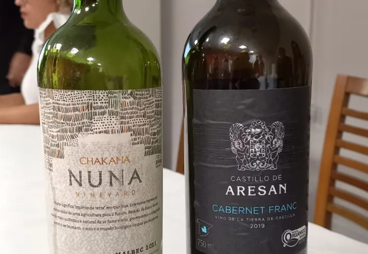 Duas opções apresentadas. O vinho da esquerda, o 'Cgajana Nuna', uma opção da bebida orgâmica. O Castillo de Aresan, na direita, uma opção de vinho biodinâmico