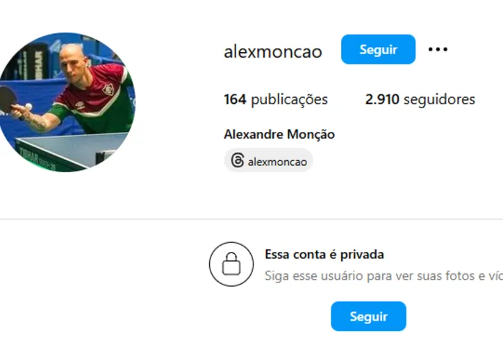 Mesa-tenista Alexandre Monção restringiu seu perfil, após caso ser exposto