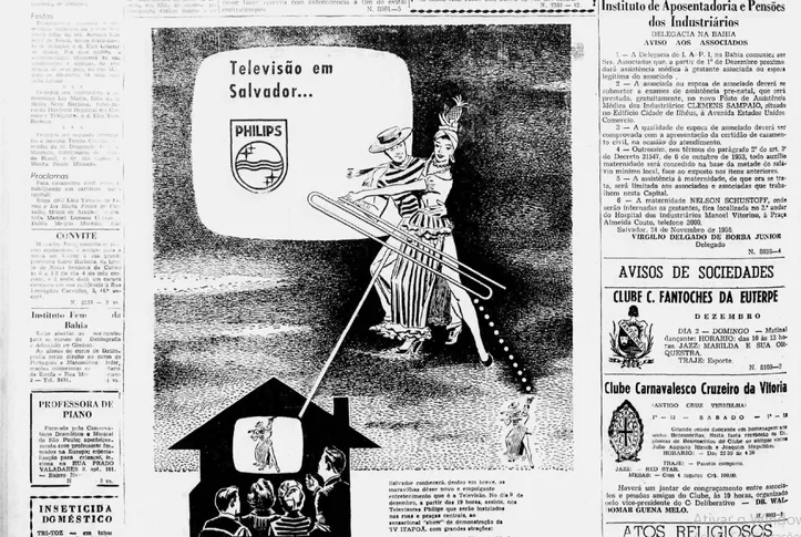 Publicidade em edição de A TARDE, de 01/12/1956, anuncia show apoteótico para apresentar a televisão aos baianos