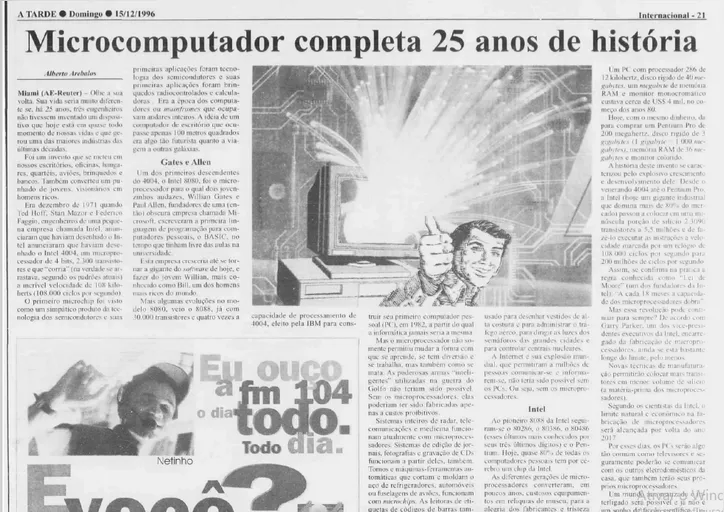 Edição de A Tarde de 15/12/1996, com reportagem sobre os 25 anos da criação dos PCs e a importância dessas máquinas para acesso a internet