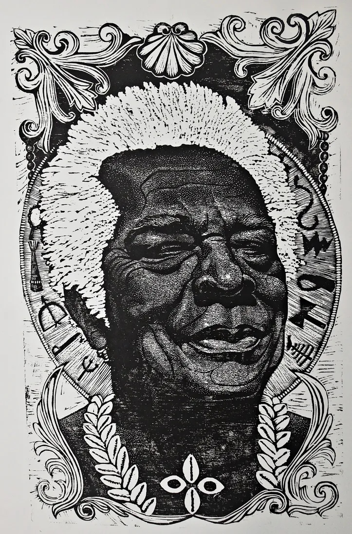 MATHEUS ALELUIA, o Afro barroco – em xilogravura de Artur Soar, 42x60cm. Tiragem 1/16, 2021 .Trabalho publicado na Revista ODU, vencedor do prêmio do 64º Salão de Arte da Bahia em 2022