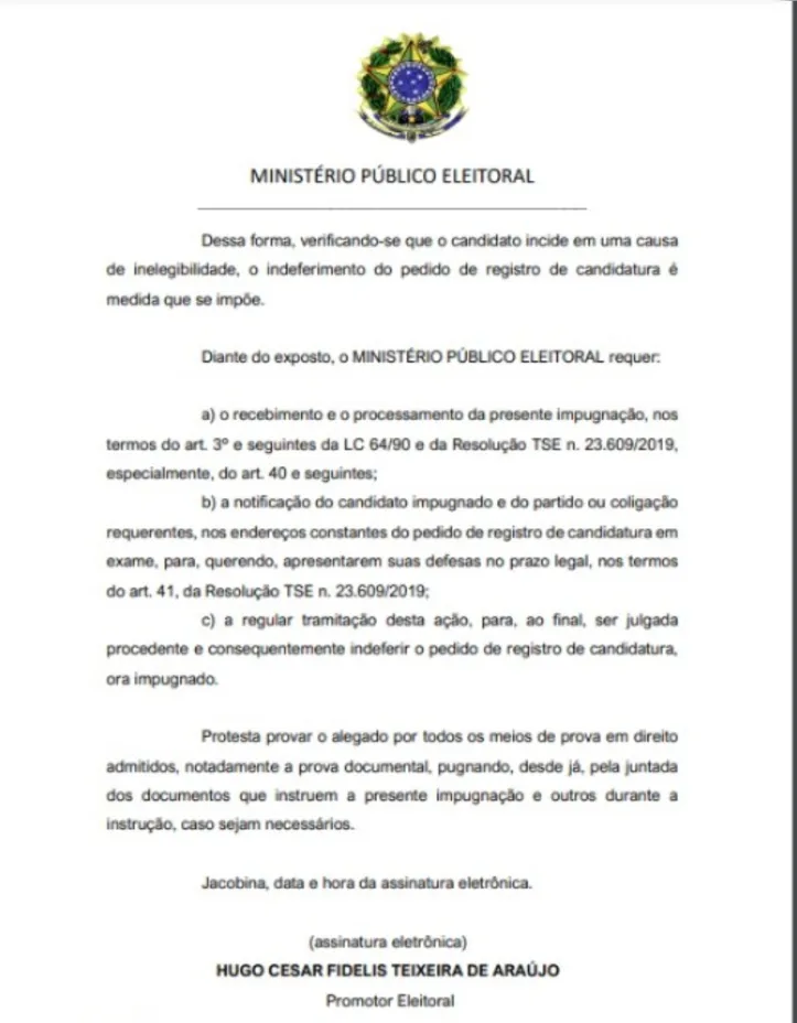 Ministério Público pede impugnação de candidatura em função da suposta fraude no divórcio