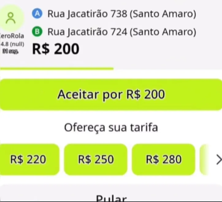 Oferta de uma corrida para o outro lado da rua na InDrive