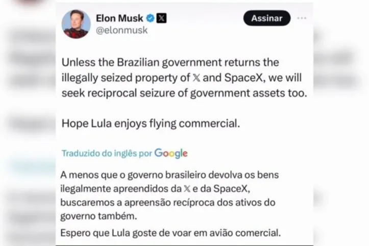 Imagem ilustrativa da imagem Musk ameaça Lula: “Espero que goste de voar em avião comercial”