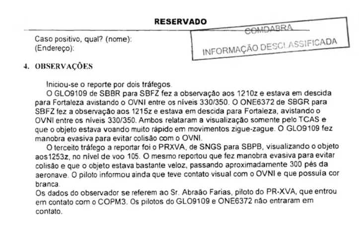 Trecho do documento disponibilizado pela FAB