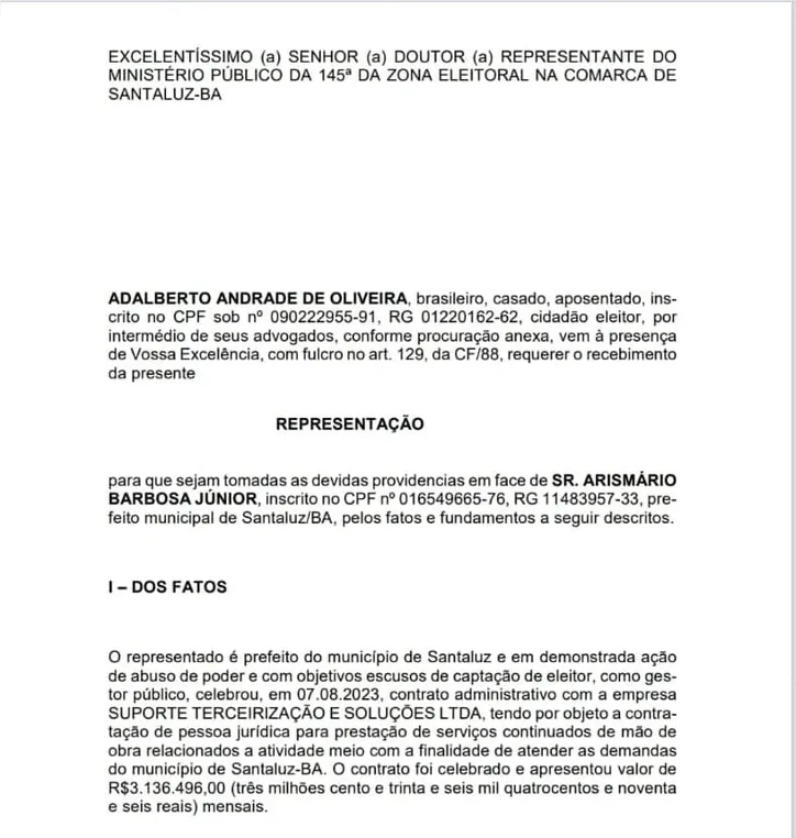 Imagem ilustrativa da imagem Prefeito de Santaluz é acusado de firmar contratos para captar eleitor