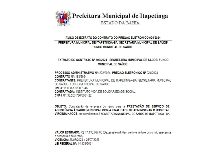 Imagem ilustrativa da imagem Prefeitura de Itapetinga gasta R$ 17 mi com empresa de gestão de Saúde