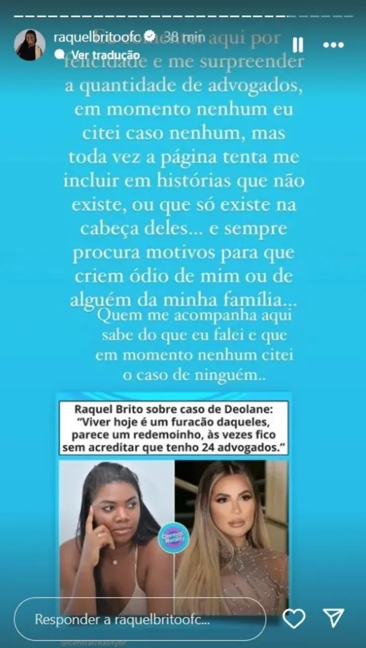 Raquel Brito escreveu sobre polêmica com seu nome