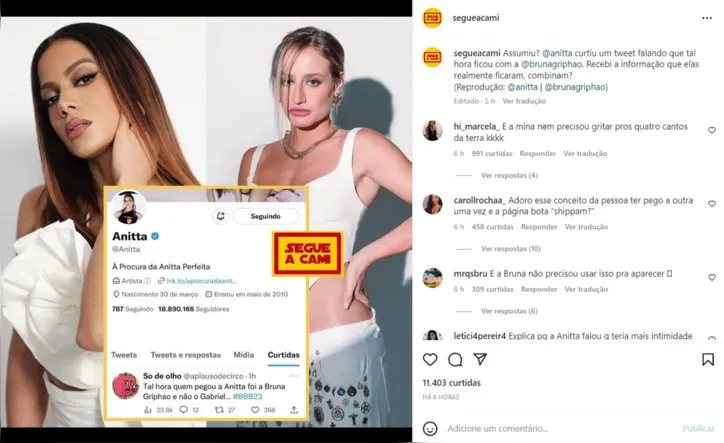 Imagem ilustrativa da imagem Romance? Internautas apontam caso entre Anitta e Bruna Griphao