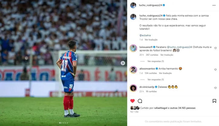 Imagem ilustrativa da imagem Suárez comenta foto Lucho Rodríguez após estreia pelo Bahia: "Desfrute"