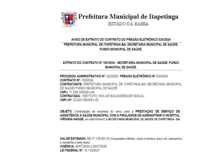 Imagem ilustrativa da imagem Prefeitura de Itapetinga gasta R$ 17 mi com empresa de gestão de Saúde