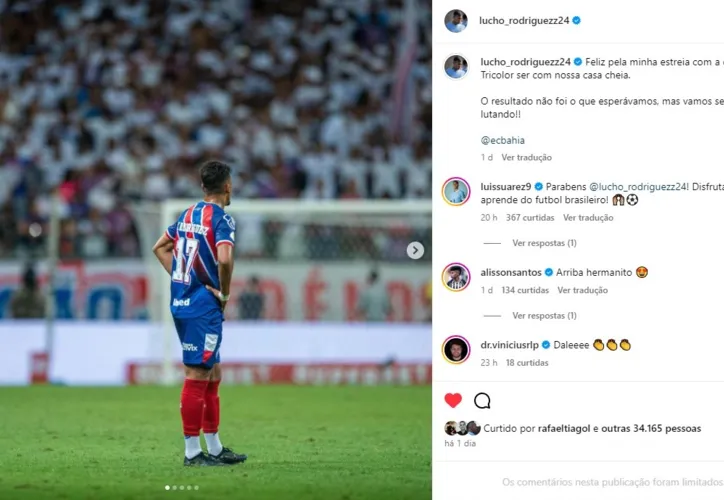 Imagem ilustrativa da imagem Suárez comenta foto Lucho Rodríguez após estreia pelo Bahia: "Desfrute"