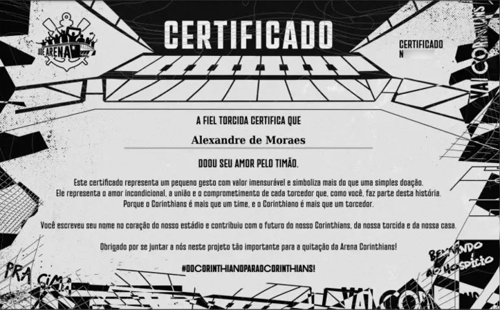 Certificado de doação de Alexandre de Moraes para o Corinthians