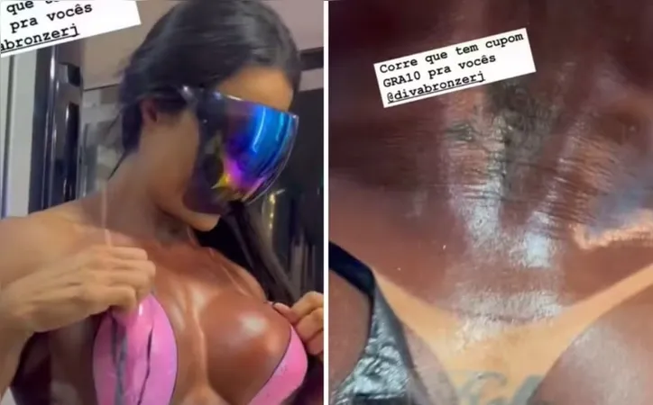 A influenciadora fitness escolheu um biquíni de fita para garantir uma marquinha bem evidente e aproveitou para exibir a tatuagem com o nome do ex-marido, o cantor Belo, feita no bumbum