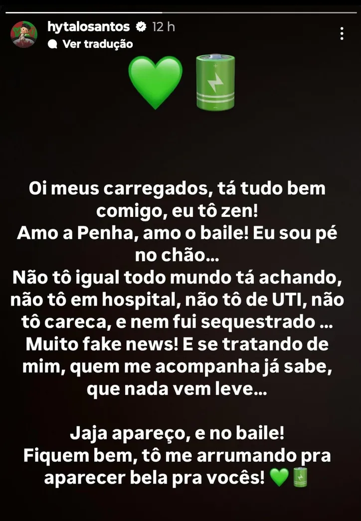 Em pronunciamento nos Stories no Instagram Hytalo Santos comenta que em breve retorna ao baile onde se envolveu na suposta briga