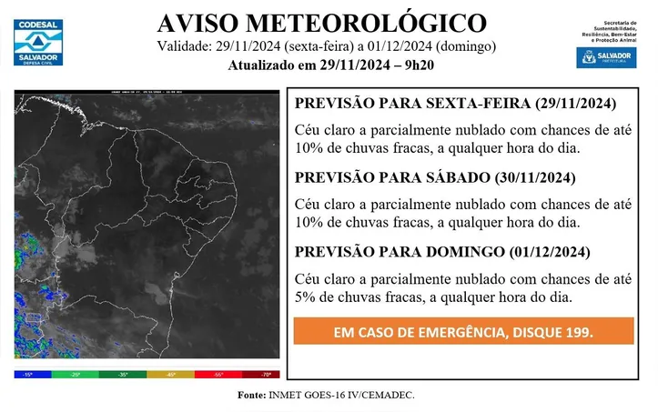 Aviso metereológico emitido na manhã desta sexta-feira, 29, pela Codesal