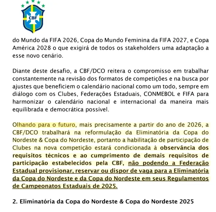 Trecho do documento enviado pela CBF às federações do Nordeste