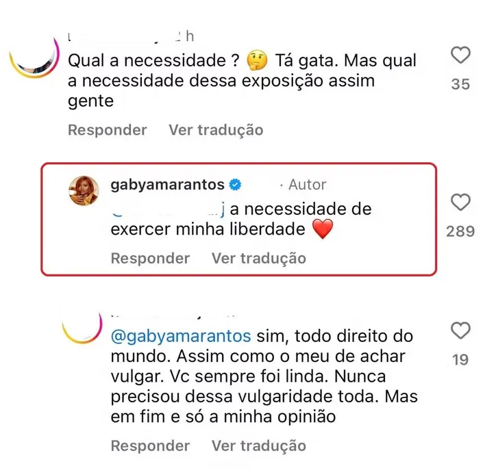 Gaby reagiu a comentário polêmico