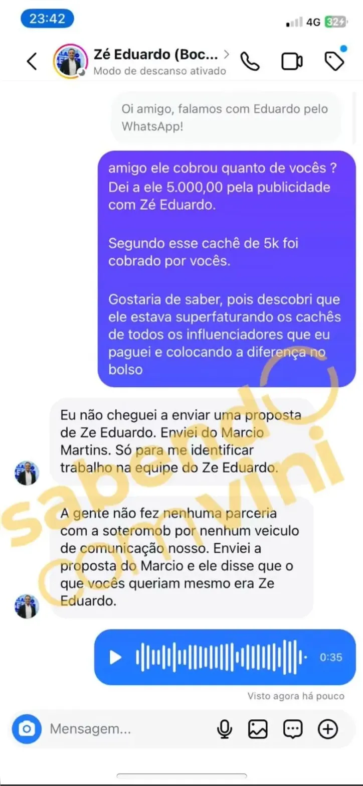 Equipe de Zé Eduardo revelando que não fechou publicidade com a Soteromob