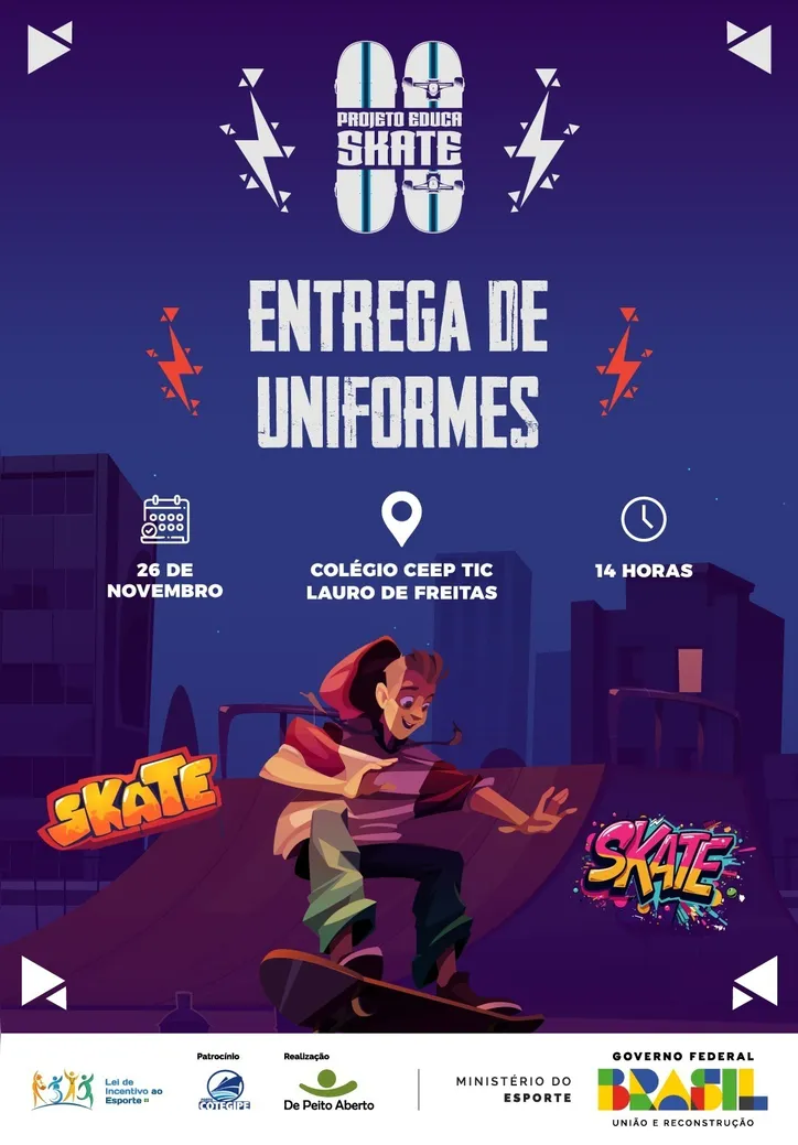 Imagem ilustrativa da imagem Lauro de Freitas recebe projeto Educa Skate para crianças e adolescentes