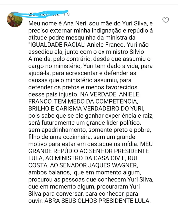 Imagem ilustrativa da imagem Mãe de Yuri Silva detona Anielle após demissão: "Medo da competência"