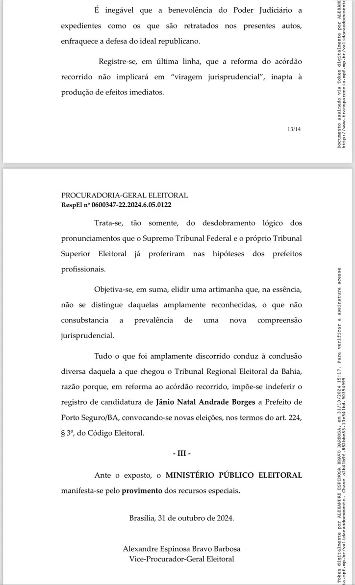 Conclusão do parecer enviado pela Procuradoria Geral Eleitoral