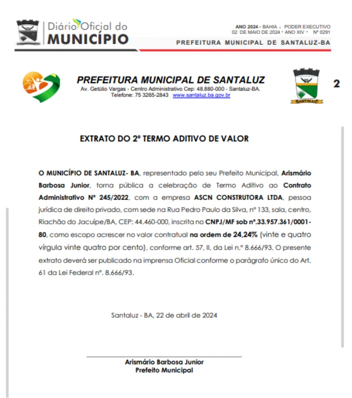 Imagem ilustrativa da imagem Prefeitura de Santaluz inclui seis aditivos em contratos com empresa