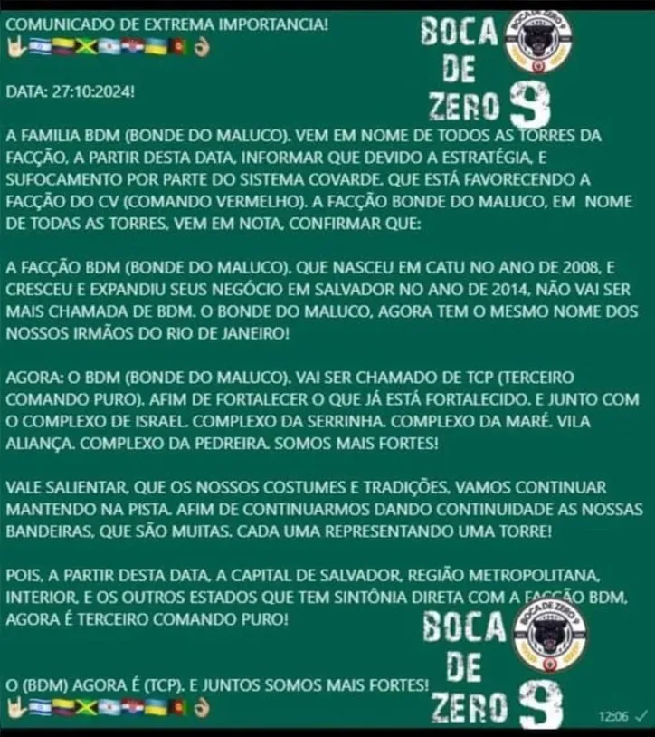 A nota afirma que, desde sua fundação em Catu, em 2008, e sua expansão em Salvador em 2014, o Bonde do Maluco busca fortalecer sua presença e conexões no cenário criminoso.