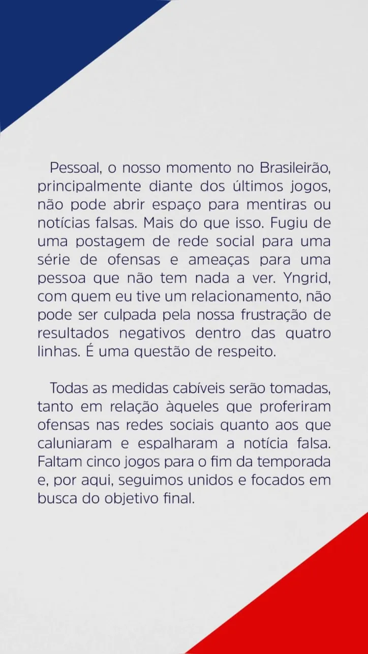 Comunicado publicado por Caio Alexandre em sua conta no Instagram