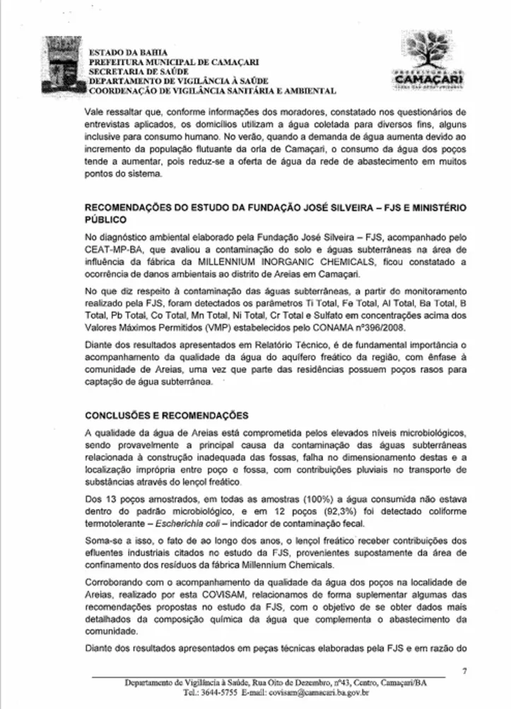 Laudo de 2015 atesta contaminação da água do subsolo de Areias por metais pesados.