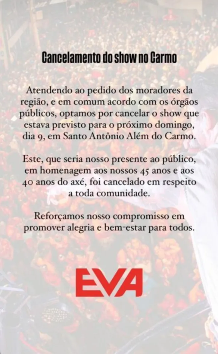 Imagem ilustrativa da imagem Banda EVA cancela show gratuito após reclamação de moradores