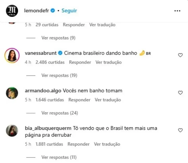 Print dos comentários deixados por brasileiros no Instagram do 'Le Monde'